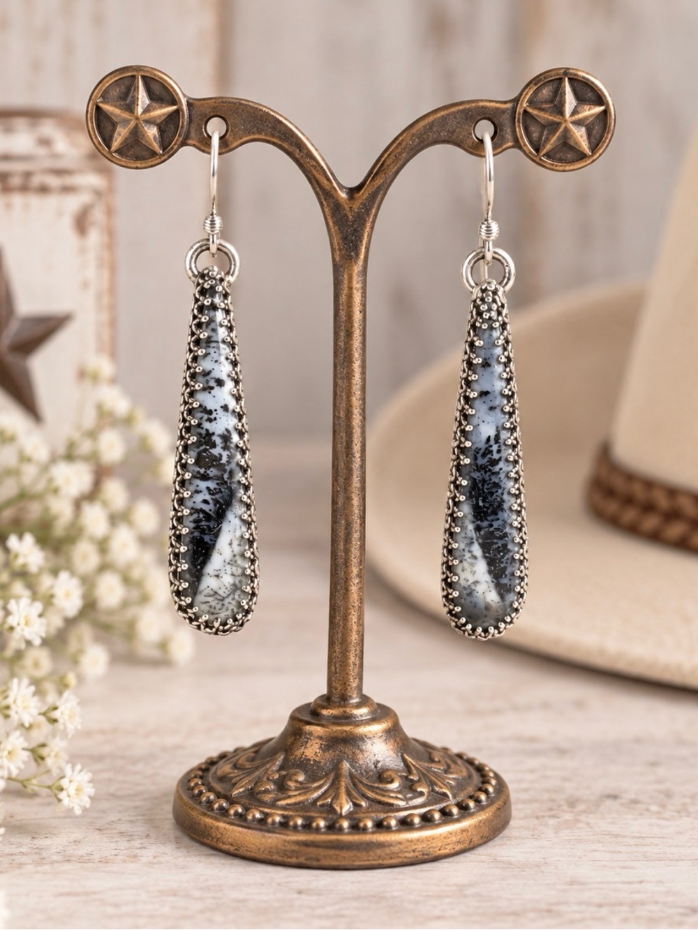 Earrings Dendritic Chalcedony Agate Sterling Silver Vintage
